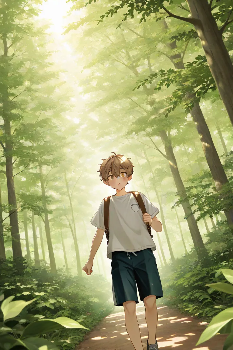 Four boys walking through a forest 