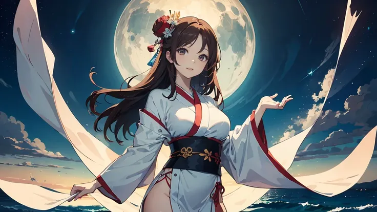  in a Japanese anime-style style 、Beautiful young Japanese woman depicted in high definition。 she has perfect skin 、 has a gentle smile 。Long, silky red hair and warm brown eyes are characteristic。Wear oversized pure white kimono、big breasts、slit is exquis...