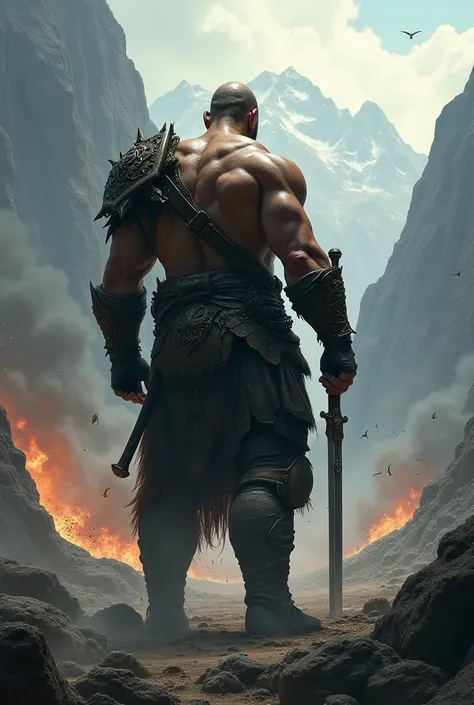 A photo of a warrior standing showing backside destruction background mountain and weapon in his hand 