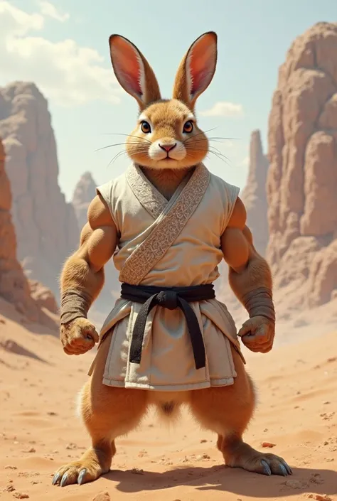 Strong and big rabbit with jiu-jitsu kimono in the desert 