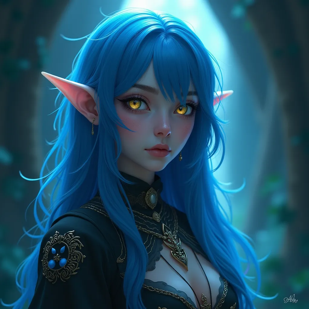 Blue-haired and yellow-eyed female character