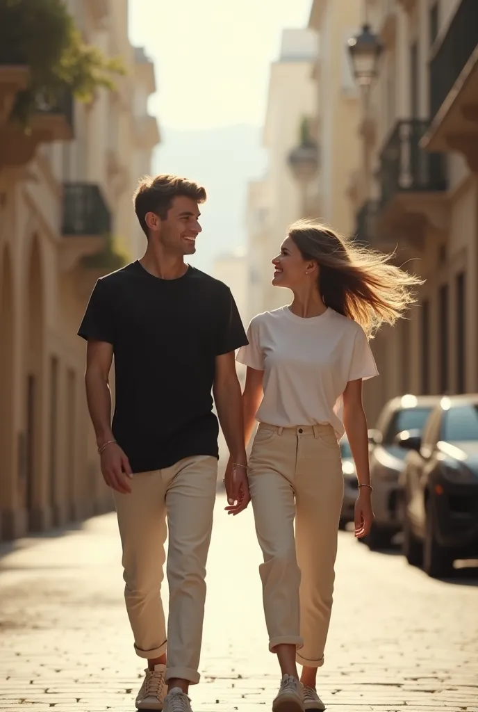 photorealistic, high resolution, ultro HD, 16k, A girl and a guy are walking down the streets of a beautiful summer city to meet us halfway and look at the camera, the boy is wearing a black t-shirt and light-colored pants, the girl is wearing a white T-sh...