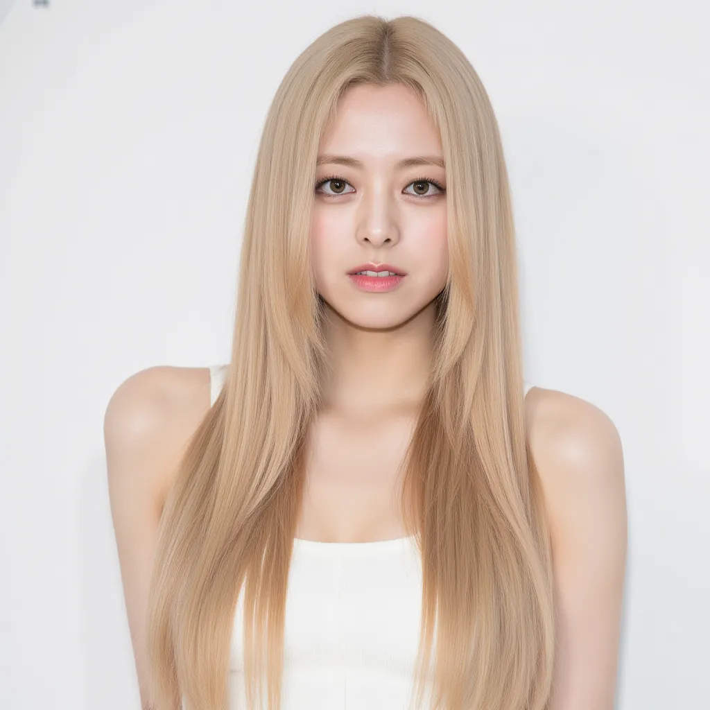 Silky smooth blond hair、 hairstyle is straight、Long hair up to chest、ponytail