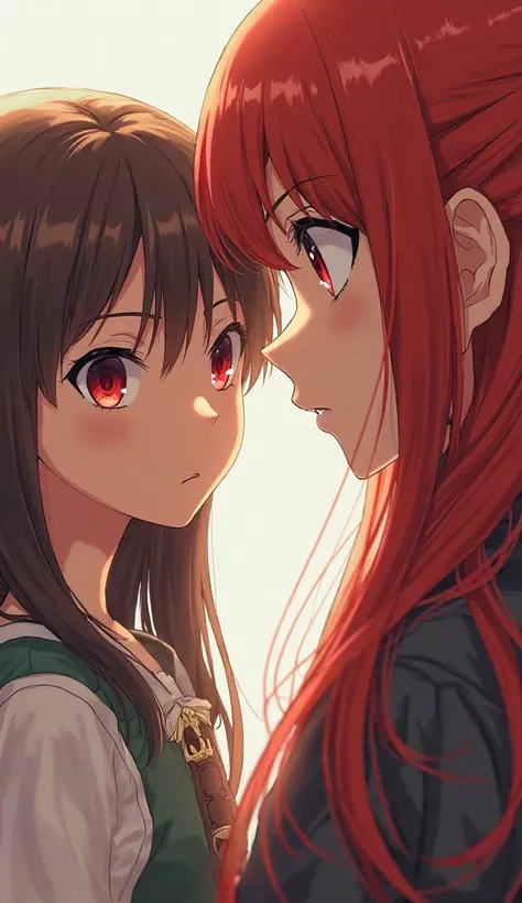 1 girl, long hair, looks at one woman, bangs,  red hair , 交差するbangs, Close Your Mouth, red eyes, frowns, sling, solo,  anime,  anime風, 2D