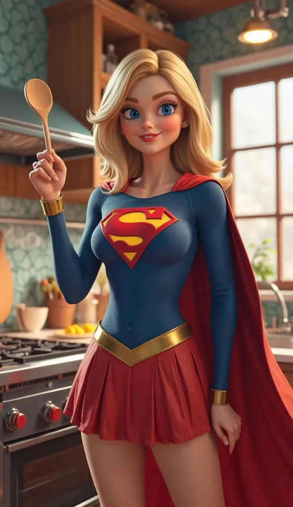 A highly detailed, realistic 3D render of a female superhero resembling Supergirl, standing in a vibrant kitchen set with a cluttered counter and stove in the background. She has shoulder-length blonde hair flowing naturally and expressive blue eyes gleami...