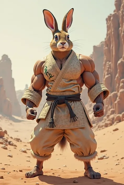 Strong and big rabbit with jiu-jitsu kimono in the black desert