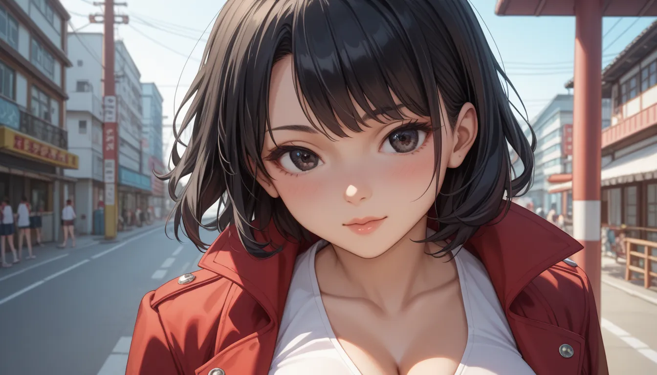 Japanese Female、30th Generation、I'm wearing a red coat、background taken on a road near the sea、The hairstyle is medium hair、 black hair color、slightly shy expression、 dark eyes、Medium hair、Big Breasts、face close-up、looking at the camera、Japanese anime qual...