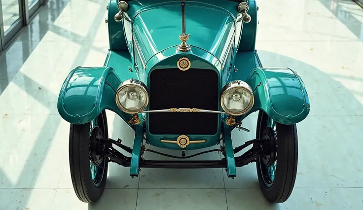 Above view of painted teal with shiny color 1917  Dodge Brothers Touring in sleek in large shape sedan in large size with Dodge Brothers logo on its large detailed grille in shiny white color with angular sporty design captured from close Above view with m...