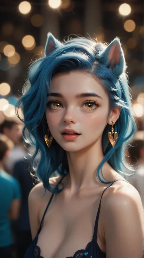 High resolution digital painting ,1 female,  long hair,  golden eyes, Blue Hair, breasts,Fascinating,  Heart Shaped Earrings,, Embarrassed, looking at the audience,  bokeh,Open mouth, images