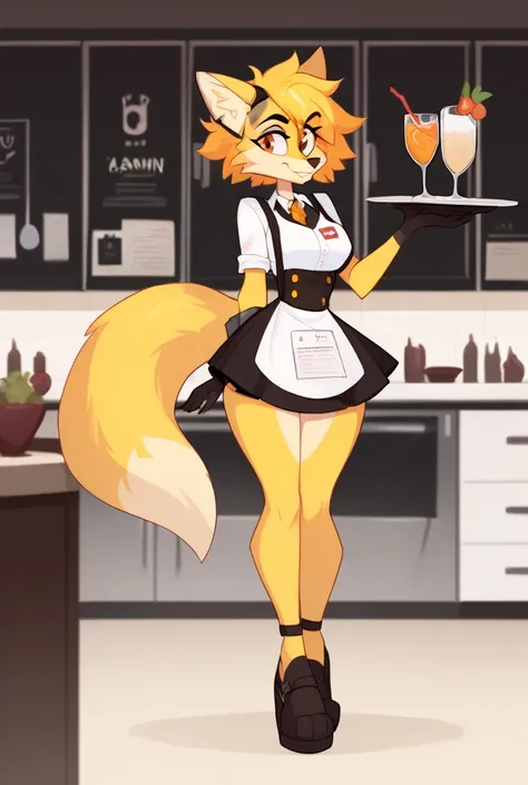 score_9, score_8_up, score_7_up, score_6_up, score_5_up, score_4_up, solo, 1girl, jasmin the orange, by jasminmanticore, fox, yellow fur, orange eyes, waitress uniform, short hair, messy hair, yellow hair, narrow waist, frightened expression,full body