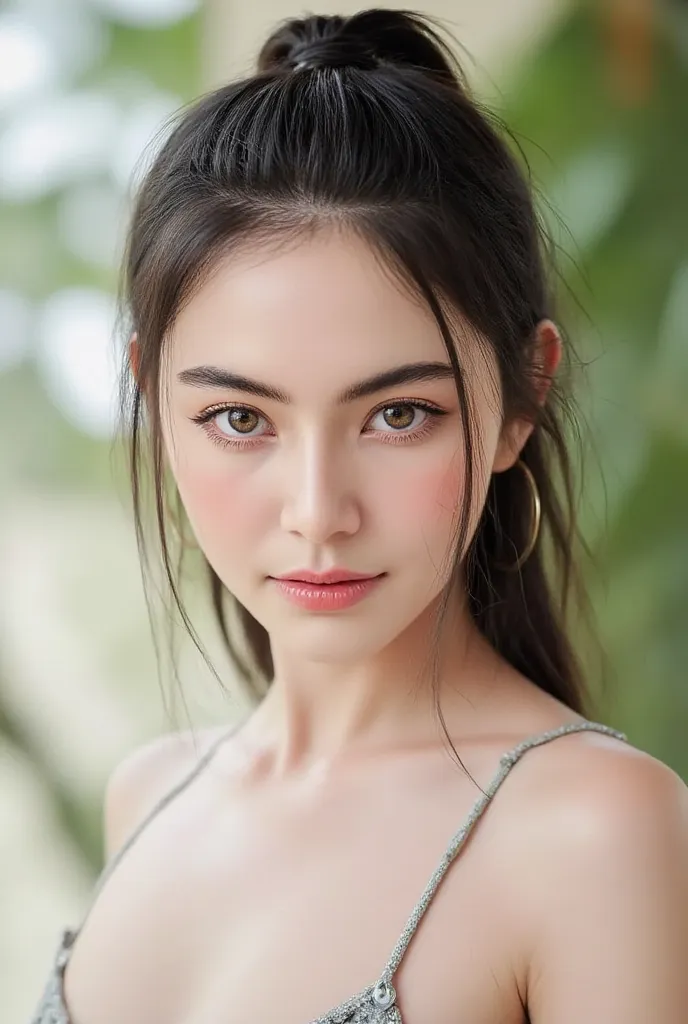 Professional portrait photo, frontal view, IU Makina, beautiful pale skin Korean woman ((long hair)) holding her chest for a tits job, ((ponytail hair)), ultra detailed facial features, natural facial skin without make up, alluring facial expression, UHD, ...