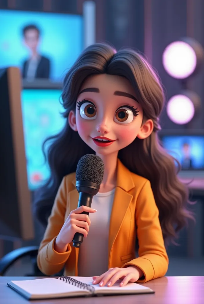 make me a woman who looks like a 3D cartoon Young Hee doll as a podcast host complete with a microphone and studio background set up, a television presenter, natural lip-head-eye movements like someone who is interviewing a guest on the show being hosted, ...