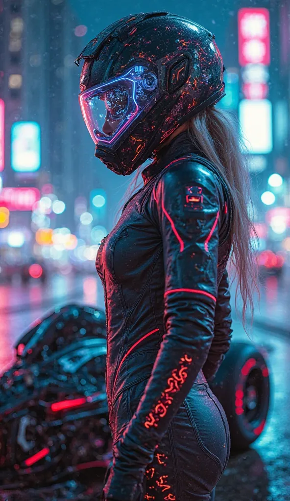 "A young female racer in a futuristic racing suit with neon details, standing next to a high-tech racing bike or car. A helmet with a transparent digital screen, showing holographic data. Behind it is a night metropolis with flying cars and bright neon lig...