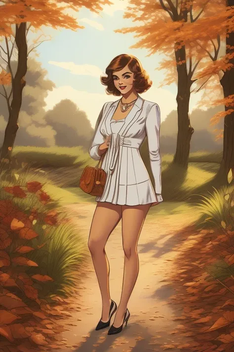 a dynamic american comic, full body illustration, A young and beautiful British aristocrat from the 1920s, stylish outing attire, small bust, autumn. charming, light blonde.Chimneys Hall. slender. thick outline, bright colors