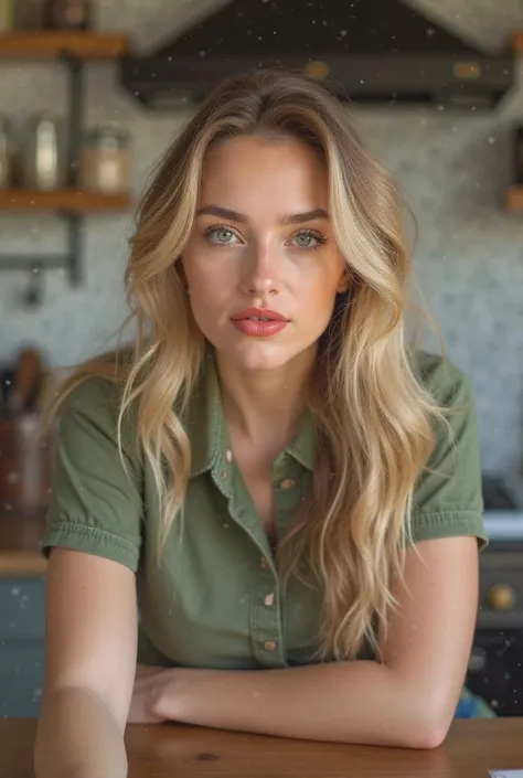 FOR instagram, Woman, , longhair, blonde, curvy skinny, , green eyes, redlips makeup, ,  A chic young woman sitting in a kitchen  wearing a polo shirt. green eyes catching the soft afternoon looking adorable 