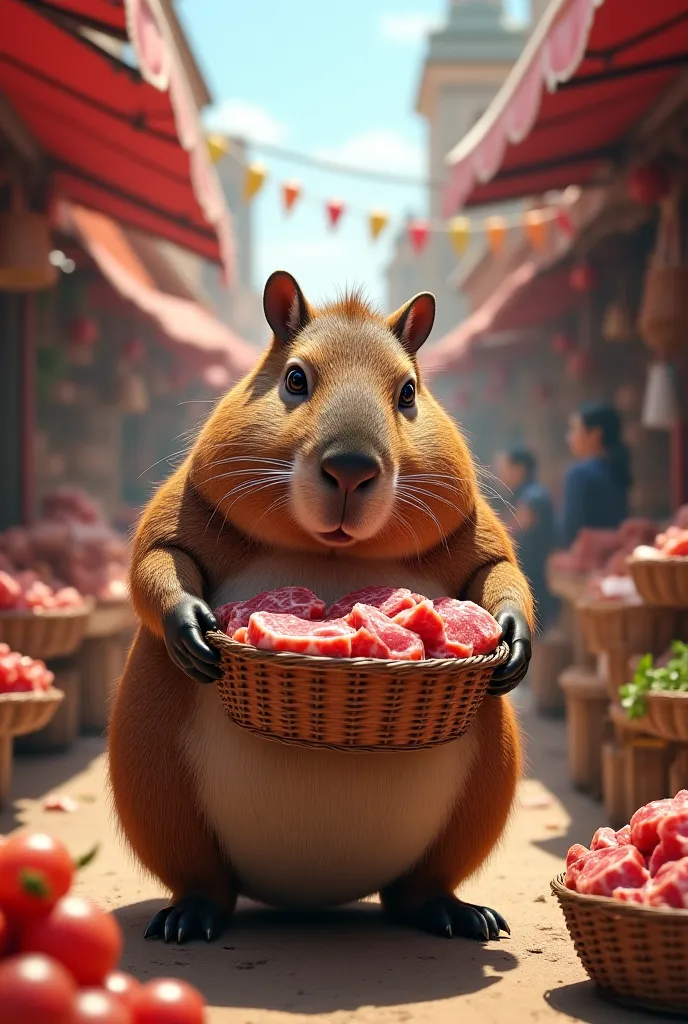 A realistic capybara stands on the market with a basket and chooses meat 