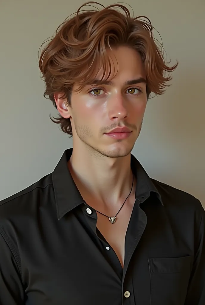 Handsome guy about . Wavy light brown hair.  large hazel eyes , and smooth, clear skin,  without a beard. Black shirt with the shirt collar facing up.