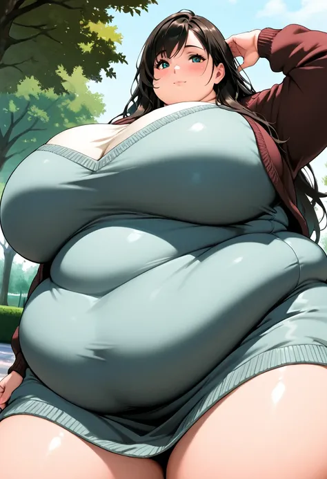 best quality, woman, plump, long hair, curvy, fat, (fatty:2.0), overweight, (obese:2.0), chubby, cute face, huge belly, heavy, dutch angle, worm's eye view, ull body shot, park, sweater, dress, huge breasts, front view, huge butt