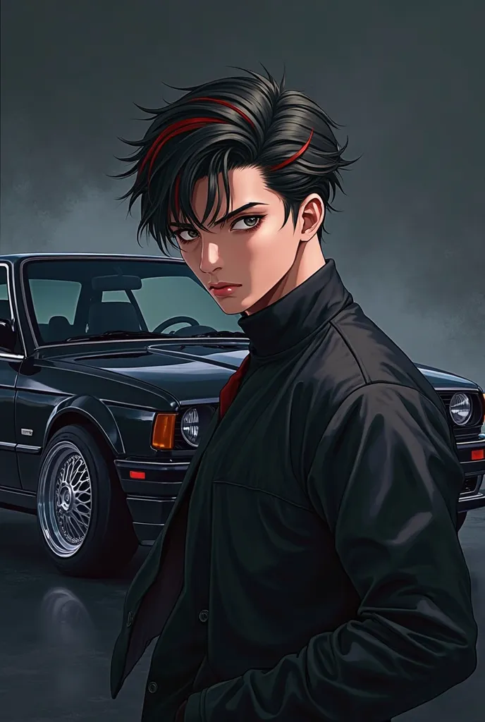 A male anime character in front of a black BMW E30