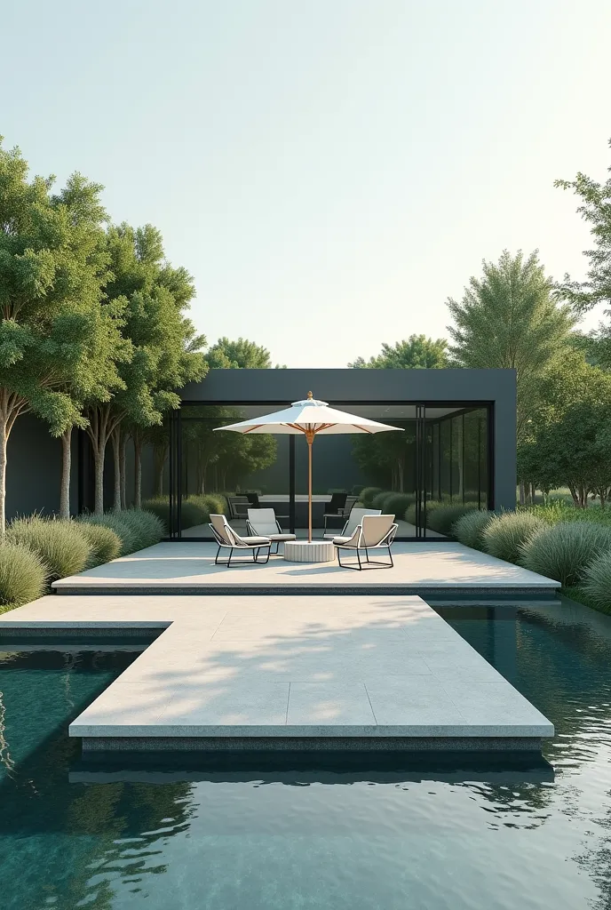 PROFESSIONAL 3D RENDERING OF ARCHITECTURE IN A VERY MODERN AND VERY MINIMALIST STYLE OF THE DESIGN OF A LARGE SQUARE SPACE IN THE GARDEN, WHICH IS SEPARATED BY FORTY STEPS FROM THE GARDEN FLOOR AND ON BOTH SIDES OF THIS SPACE IS A WATERFRONT AND AN ATMOSPH...