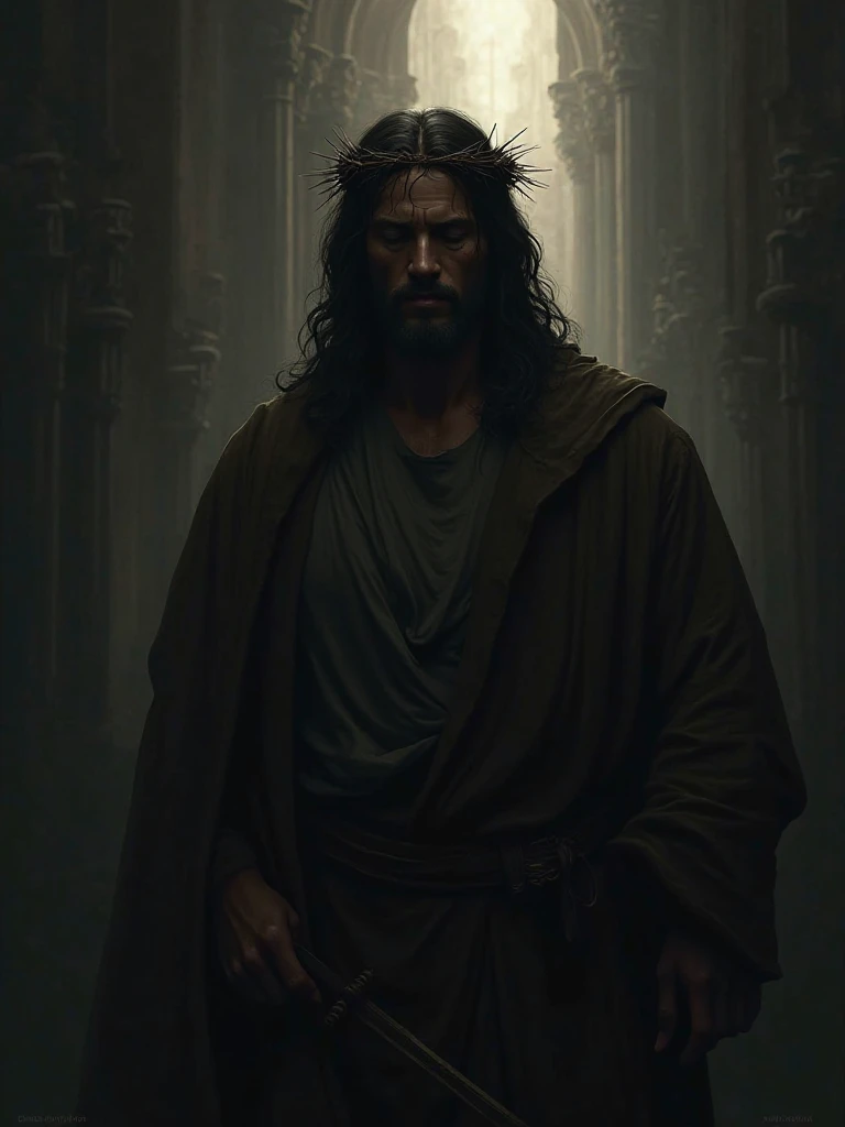 Create an inspirational image of a dark style passage about Jesus make a biblical passage 