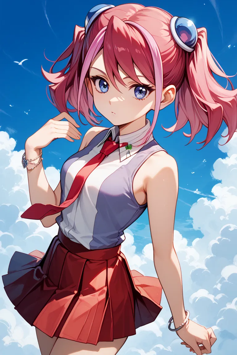 yuzu hiiragi, blue eyes, hair ornament, medium hair, multicolored hair, pink hair, red hair, streaked hair, twintails,
bare arms, bracelet, collared shirt, jewelry, necktie, pleated skirt, red necktie, red skirt, shirt, skirt, sleeveless, sleeveless shirt,...