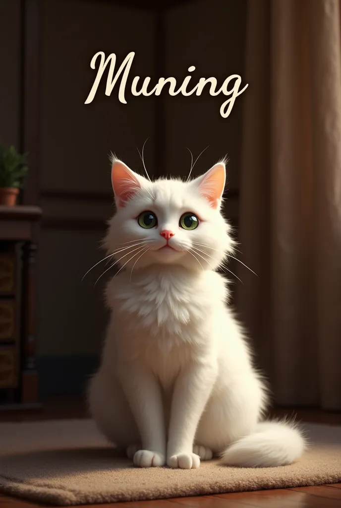 male white cat with dark cozy house background and a name "MUNING" behind