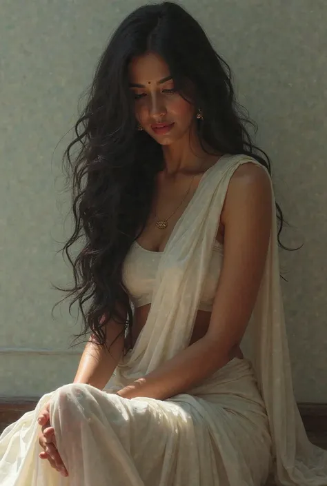 South Indian actress wearing a sleeveless saree,  sitting on floor , her long beautiful black hair , her long hair cover her breast 