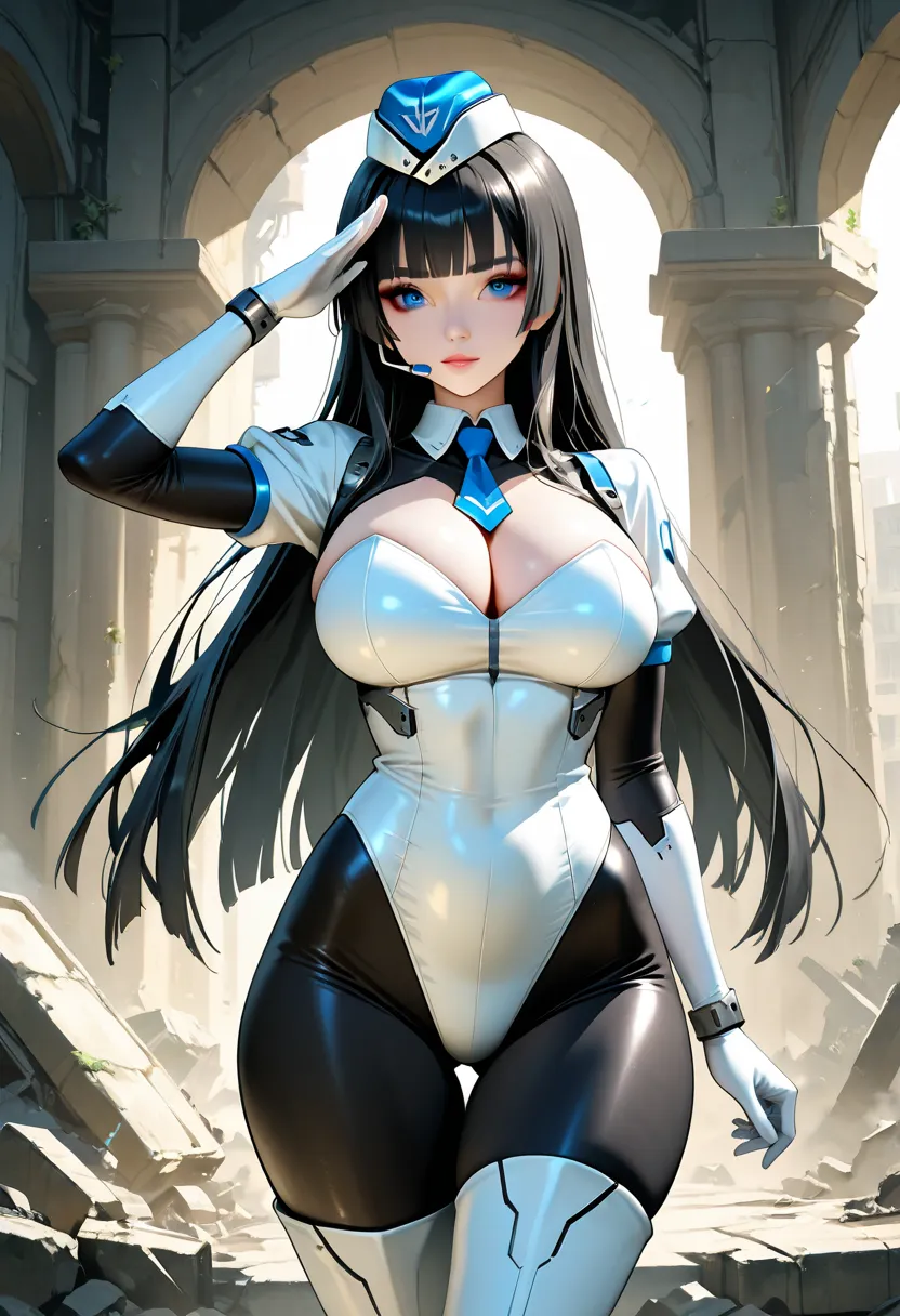 solo,1girl,((The background is the ruins of a city)),((science fiction)),((Beautiful blue eyes)),perfect face,anime style,game cg,anime colored,(Glamorous curvy body),((black zentai Bodystocking)),white Raglan sleeve suit,Headset,Garrison Cap,white straple...