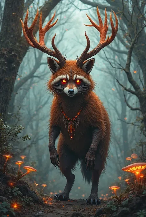 Raccoon, red eyes, antlers, fursona