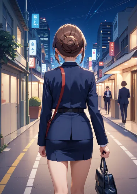 Wide shot,1 girl,office lady,navy skirt,low bun,brown hair,brown eye,short hair,swept bangs,night,city, Road Ground,Returning Home,walk,navy jacket ,bag, expressionless,Looks sleepy, back view,Glasses,In front of an izakaya,looking up