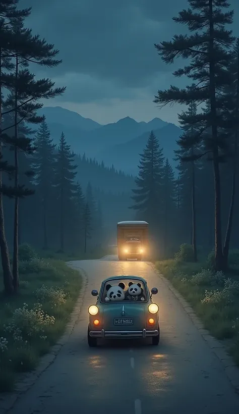 A small car driving through a quiet countryside road at night, surrounded by tall trees and distant mountains. The inside of the car shows a happy panda family—parents in the front, a little panda in the back, looking out the window. In the distance, brigh...