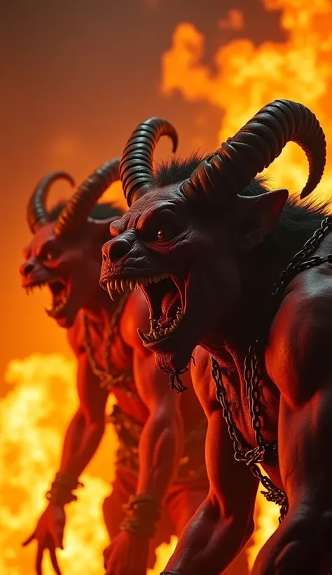 Cinematic horror, the conditions of hell that burn with the fuel of a group of demons tied in chains all over their bodies and become the burning material of hell, expressions of fear, screaming, crying, very tormented