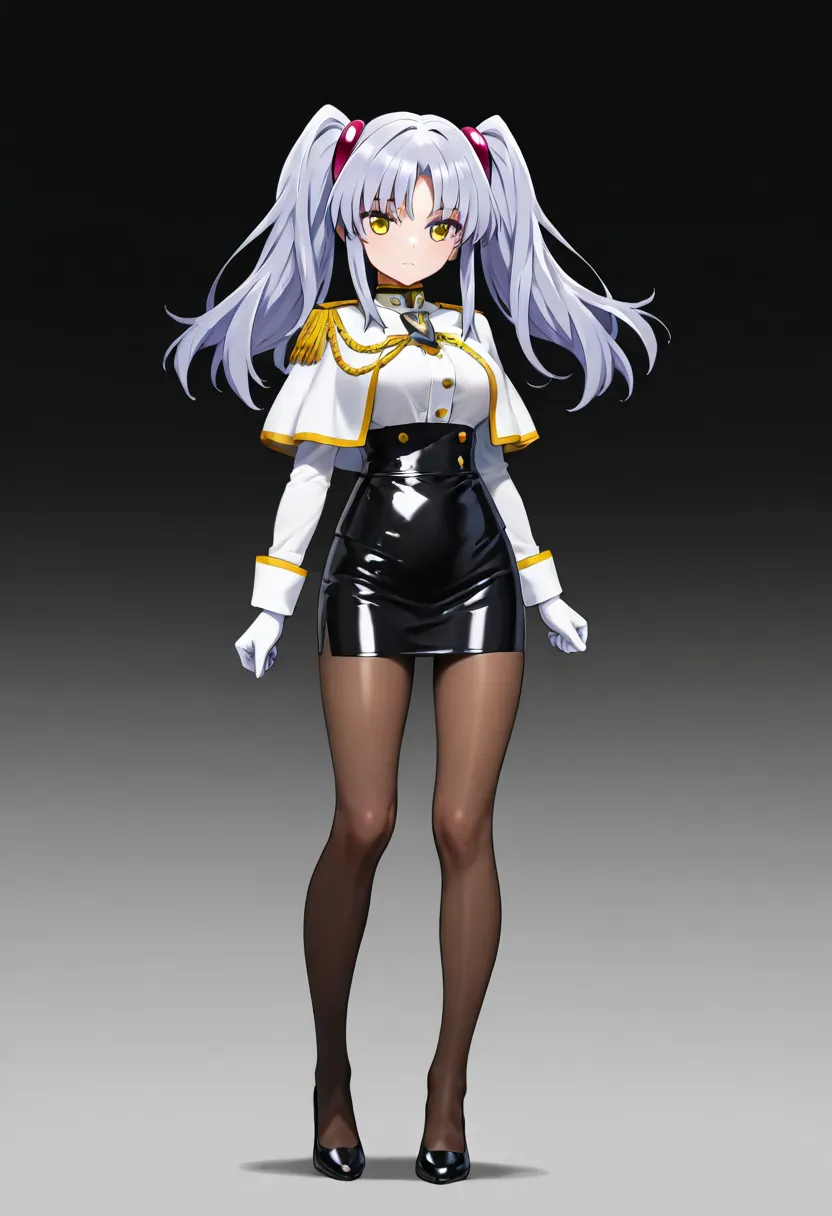 hoshino ruri, 1girl, solo, long hair, breasts, looking at viewer, long sleeves, closed mouth, twintails, standing, white shirt, full body, yellow eyes, grey hair, white gloves, black skirt, miniskirt, black footwear, black pantyhose, gradient background, b...