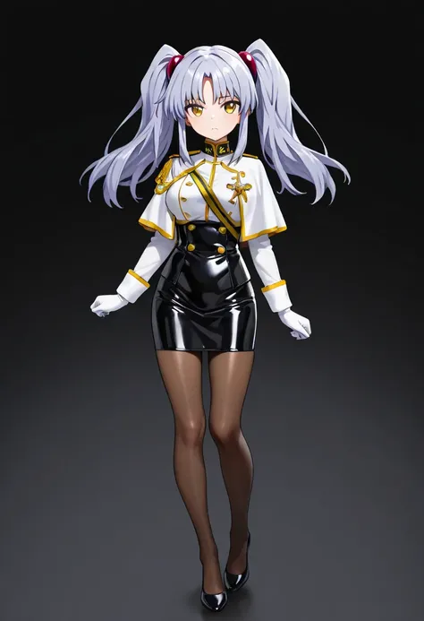 hoshino ruri, 1girl, solo, long hair, breasts, looking at viewer, long sleeves, closed mouth, twintails, standing, white shirt, full body, yellow eyes, grey hair, white gloves, black skirt, miniskirt, black footwear, black pantyhose, gradient background, b...