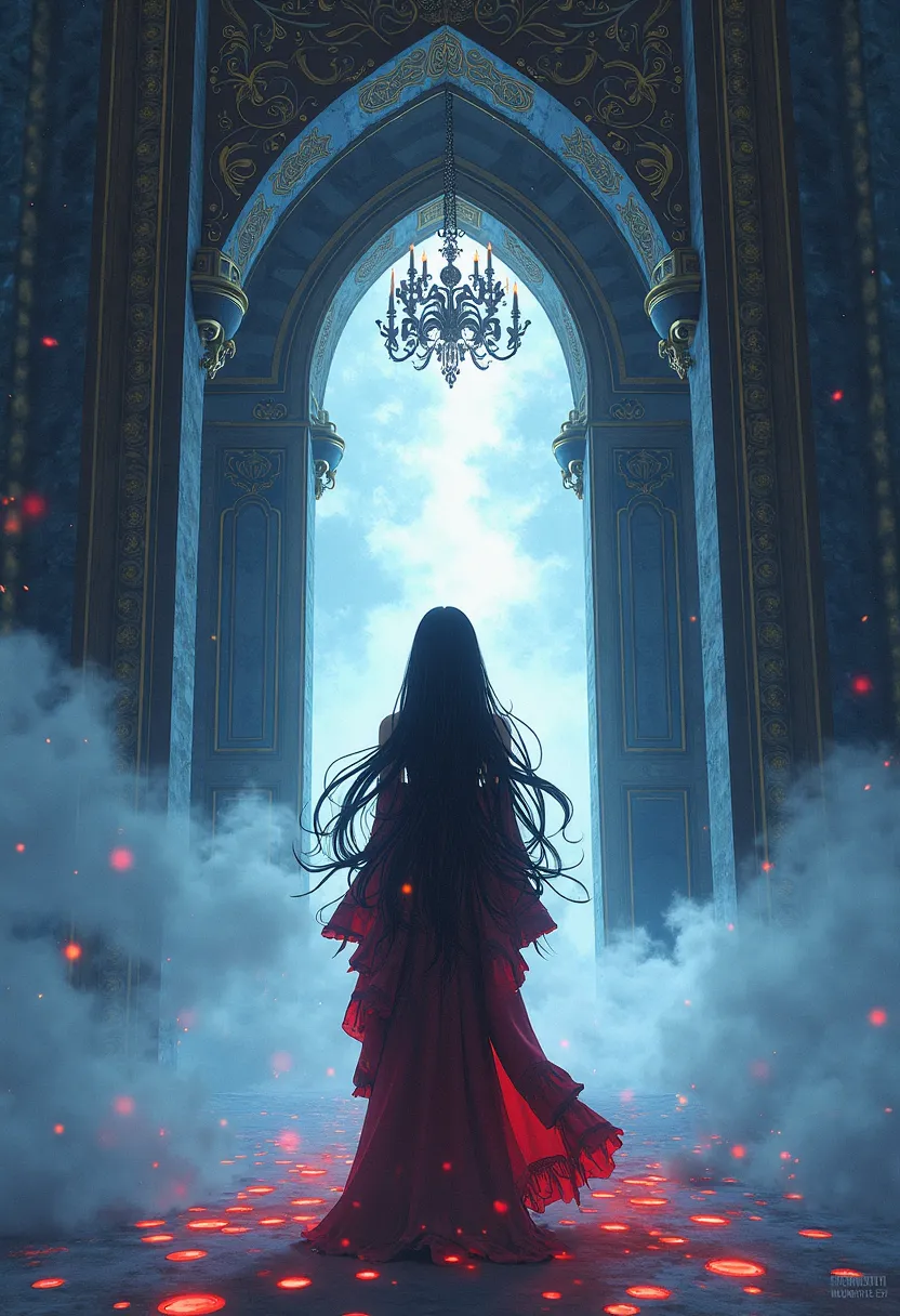 A fantasy gothic art illustration depicting a young Japanese girl, with long wavy black hair, wearing a luxurious outfit. She stands in front of the entrance to a Gothic mansion, surrounded by thick fog lit by an epic lens flare. The image is a large-scale...