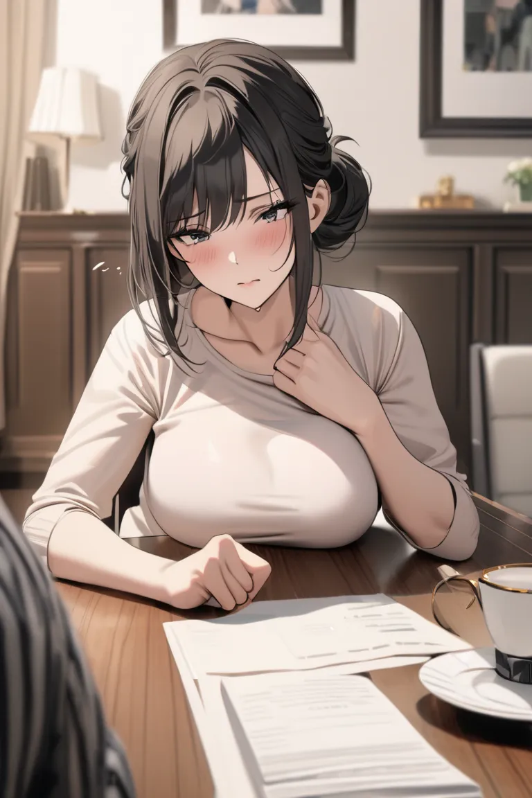 top quality, masterpiece, High Resolution, 8k, (1 girl ), Alone. sexy, (bust shot), (A casual room arrangement), black bun hair, Mature Woman, ((( tired look))), living room,  and get to the table, chair, Sigh, Beautiful breasts, Poke your elbow against th...