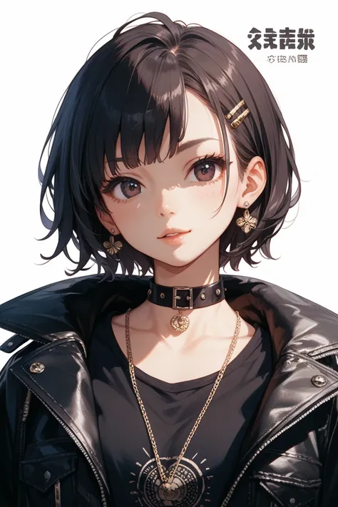 A character sheet with a plain white background。middle-aged Japanese woman with dark eyes and medium hair。Picture of upper body with arms crossed。I'm wearing a punky leather jumper。I'm wearing a choker and small earrings。 anime