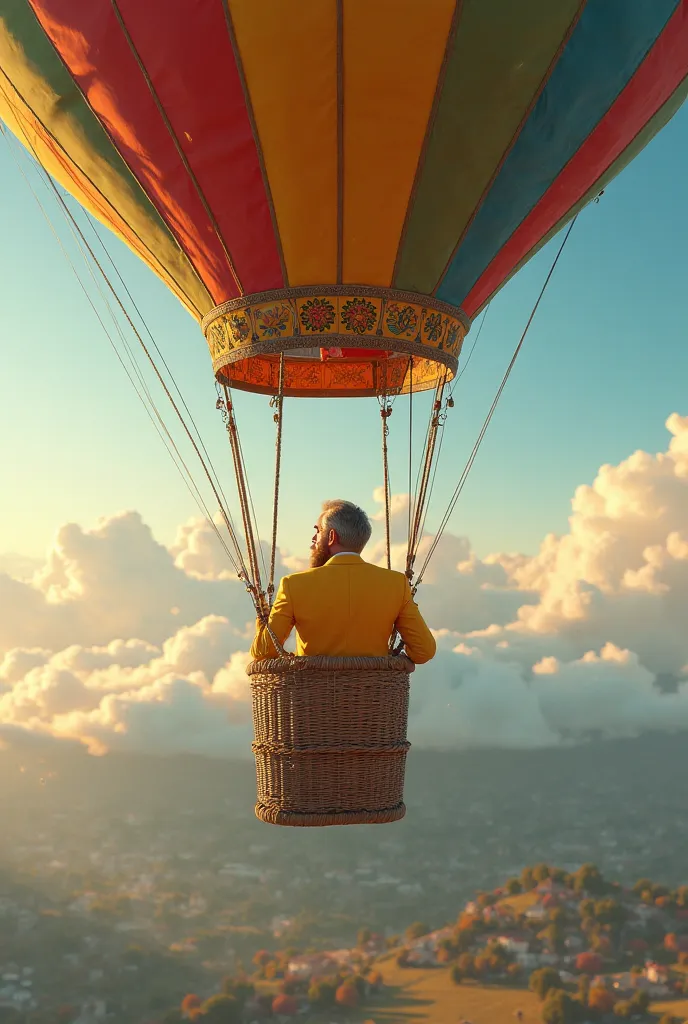 A man in a balloon with a beard in a yellow suit 