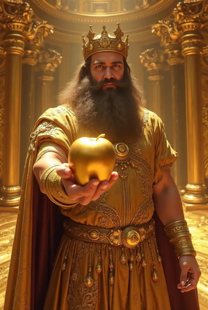 Greek king midas grabbed an apple in hand in his palace of gold, excited to take a bite.