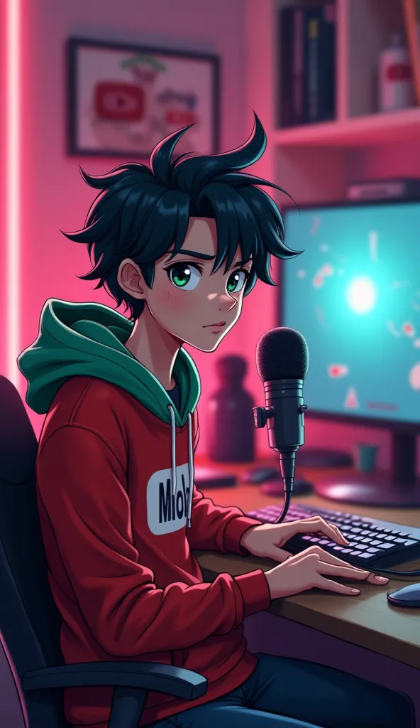 Create a vibrant and highly sexy anime boy with a smart look, He is sitting in front of a . wearing a red and green hoodie with the channel name "Mohamed Animation". Settings include a microphone and laptop on the desk. تتضمن الخلفية شعار YouTube كبير  on ...