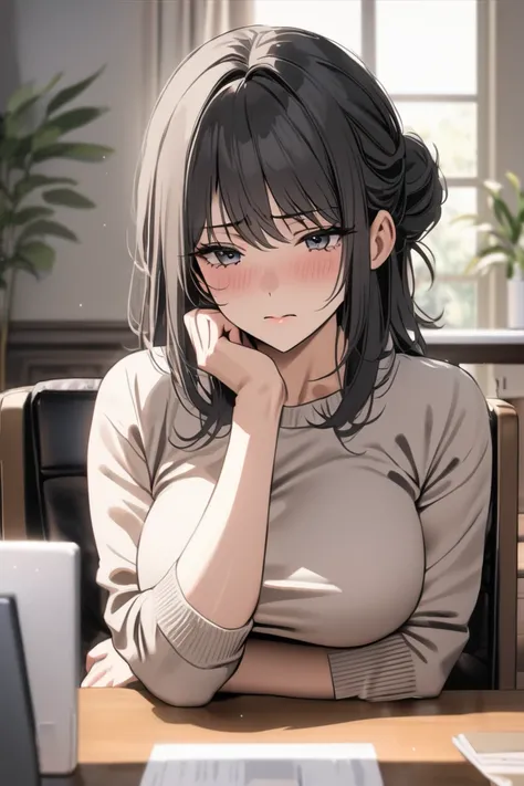 top quality, masterpiece, High Resolution, 8k, (1 girl ), Alone. sexy, (bust shot), (A casual room arrangement), black bun hair, Mature Woman, ((( tired look))), living room,  and get to the table, chair, Sigh, Beautiful breasts, Poke your elbow against th...