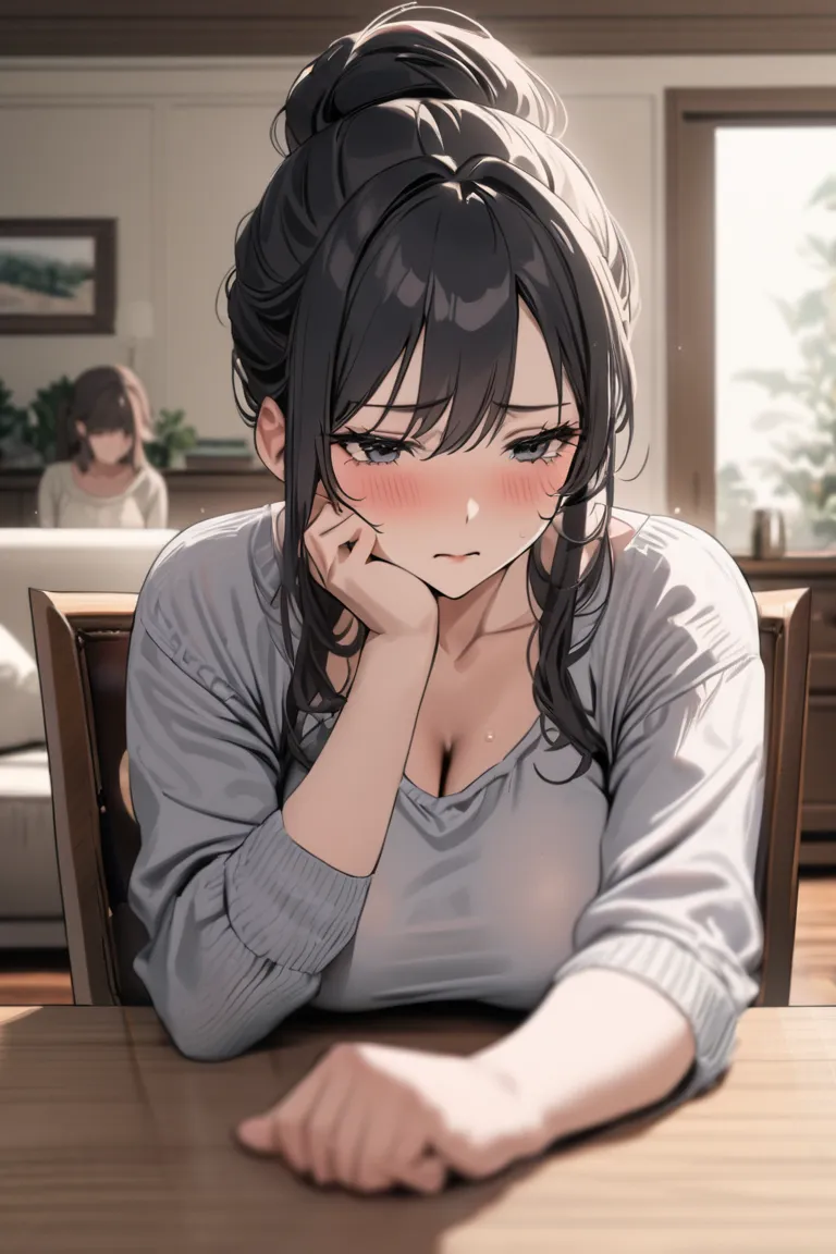 top quality, masterpiece, High Resolution, 8k, (1 girl ), Alone. sexy, (bust shot), (A casual room arrangement), black bun hair, Mature Woman, ((( tired look))), living room,  and get to the table, chair, Sigh, Beautiful breasts, Poke your elbow against th...