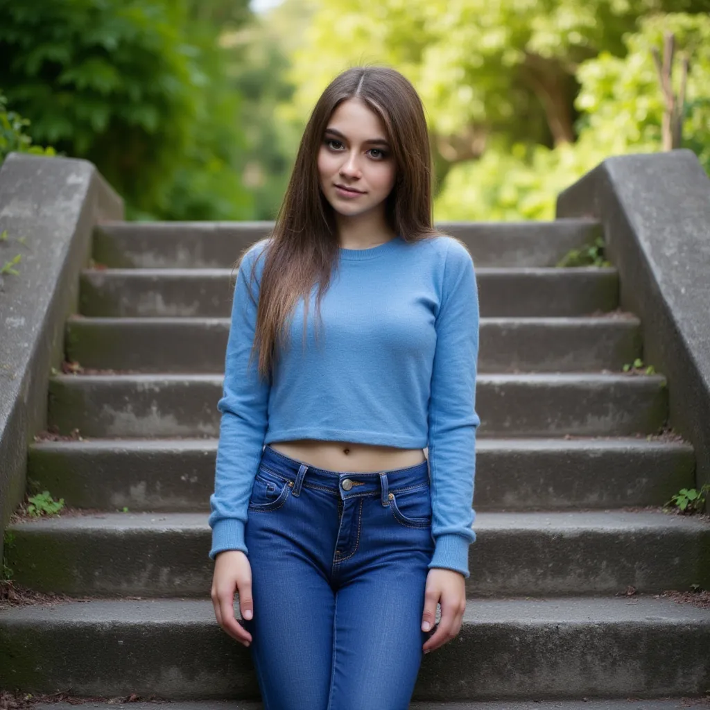 woman sitting on stairs. Has a blue sweater on.  and jeans . Sie hat Turnschuhe an Stil Fotorealistisch,  sharp focus, very detailed, sunlight, Detail , Fotoreal,  full body