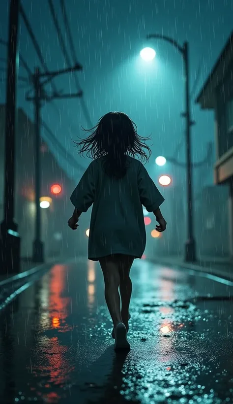 in the heavy rain. The girl runs towards the camera, her eyes are wide with fear, and her breath is rapid. Her wet locks stick to her face, while raindrops fall on her shivering skin. behind her. A mysterious man kept chasing her, his steps are steady and ...