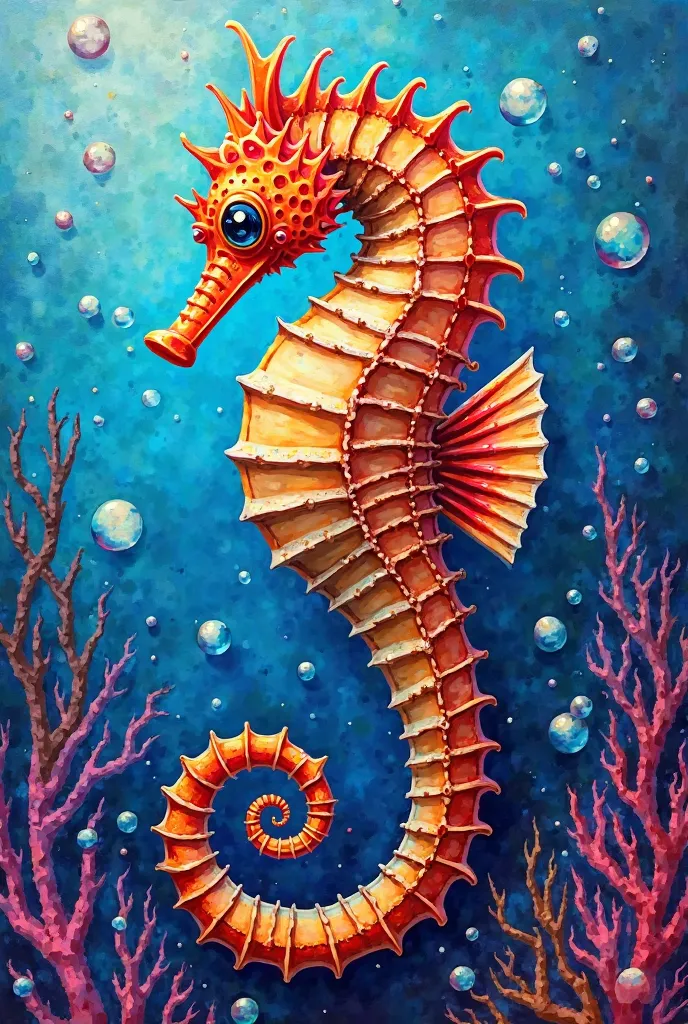 painting of a  seahorse  in a colorful underwater scene with bubbles, Anna Haifisch , polycount, Metaphysical Painting, full view of  seahorse ,  seahorse , Sea Horse,  Vector art by 、Colourful and Rich in Details ,  seahorse s,   detail acrylic   painting...