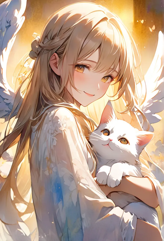 Have fair skin and angel wings、 watercolor illustration、High Resolution、Highest quality、Adorable design 、 holding a cat 、 Gold、long hair、smile