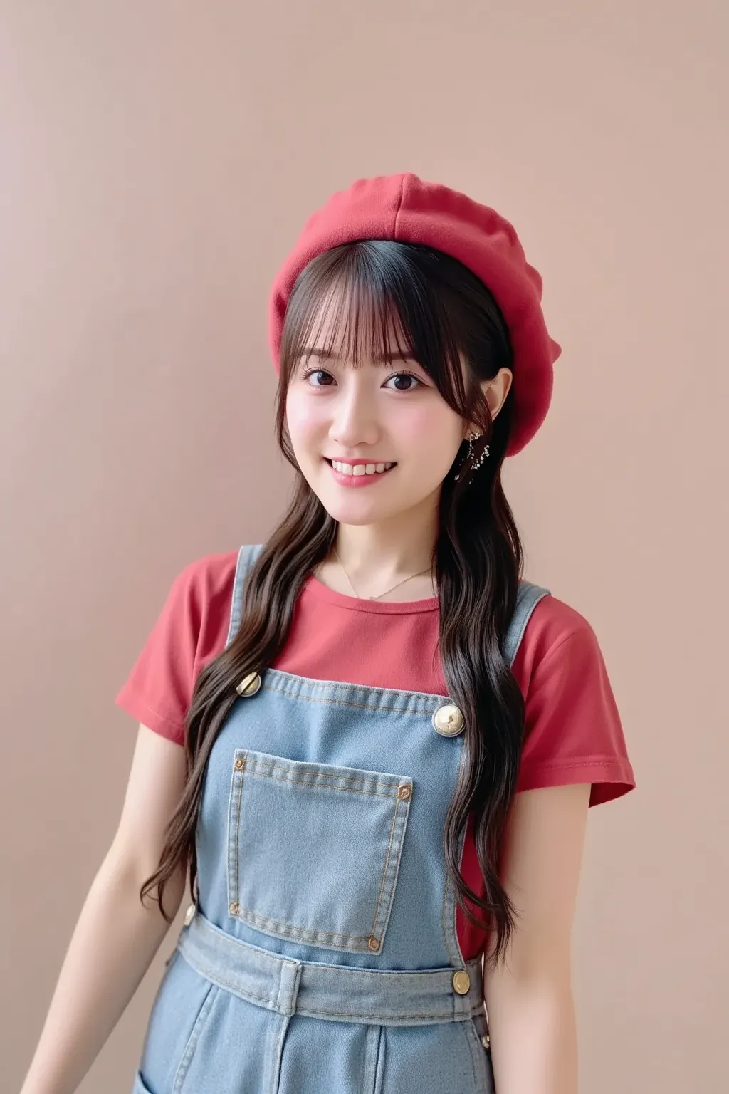 "A portrait of a young Japanese woman wearing a red t-shirt, denim overalls, and a red hat. She has a friendly and confident expression, standing in a natural pose. The background is soft and neutral, highlighting her outfit and cheerful personality."

