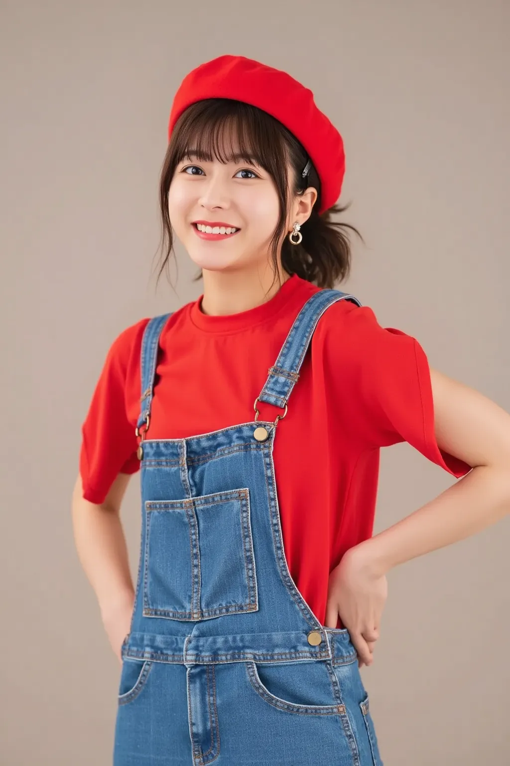 "A portrait of a young Japanese woman wearing a red t-shirt, denim overalls, and a red hat. She has a friendly and confident expression, standing in a natural pose. The background is soft and neutral, highlighting her outfit and cheerful personality."

