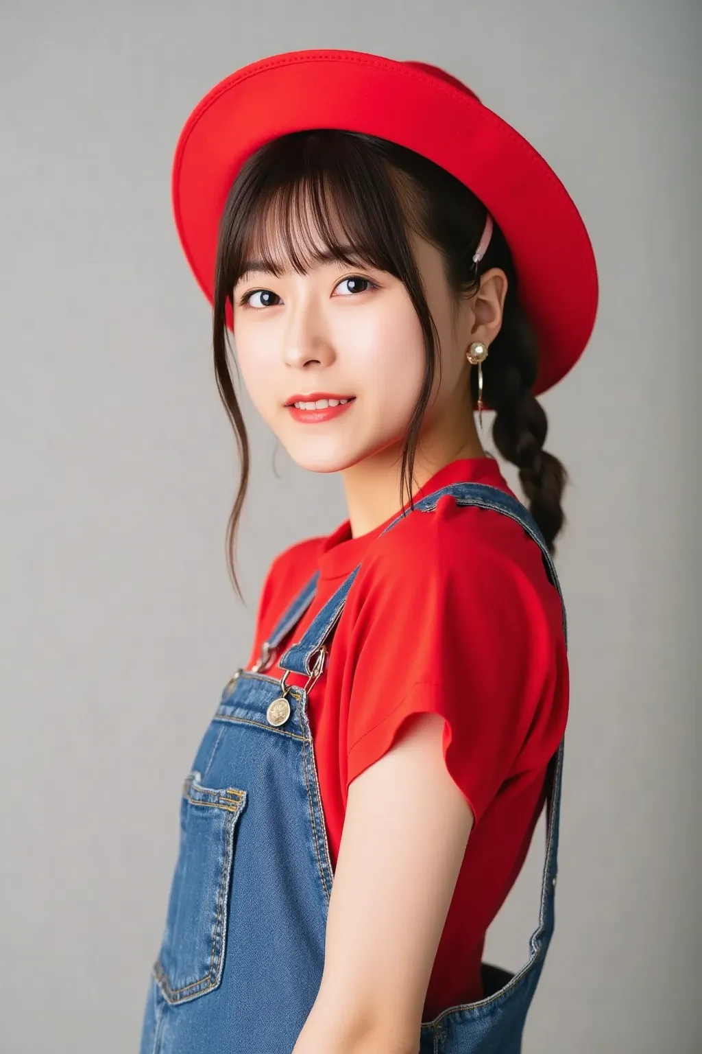 "A portrait of a young Japanese woman wearing a red t-shirt, denim overalls, and a red hat. She has a friendly and confident expression, standing in a natural pose. The background is soft and neutral, highlighting her outfit and cheerful personality."

